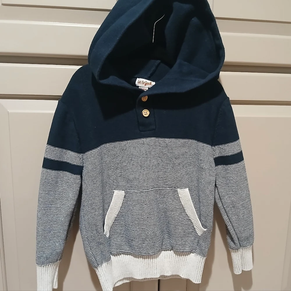 Cat & Jack Sweater Boy's Size:XS 4-5 Hooded Navy Blue 2 Button Long Sleeve - Picture 5 of 7